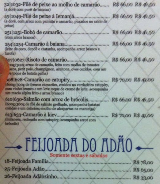 Bar do Adão cardápio