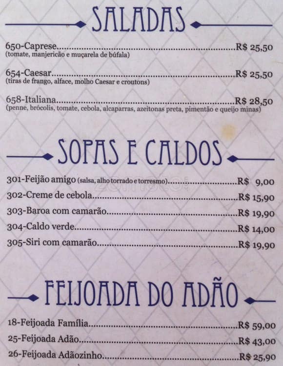 Bar do Adão cardápio