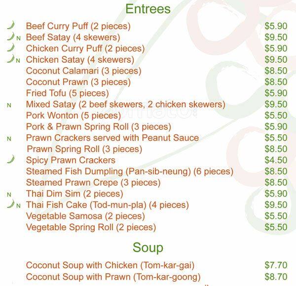 Peppercorn Thai menu, Menu restauracji Peppercorn Thai, Greensborough