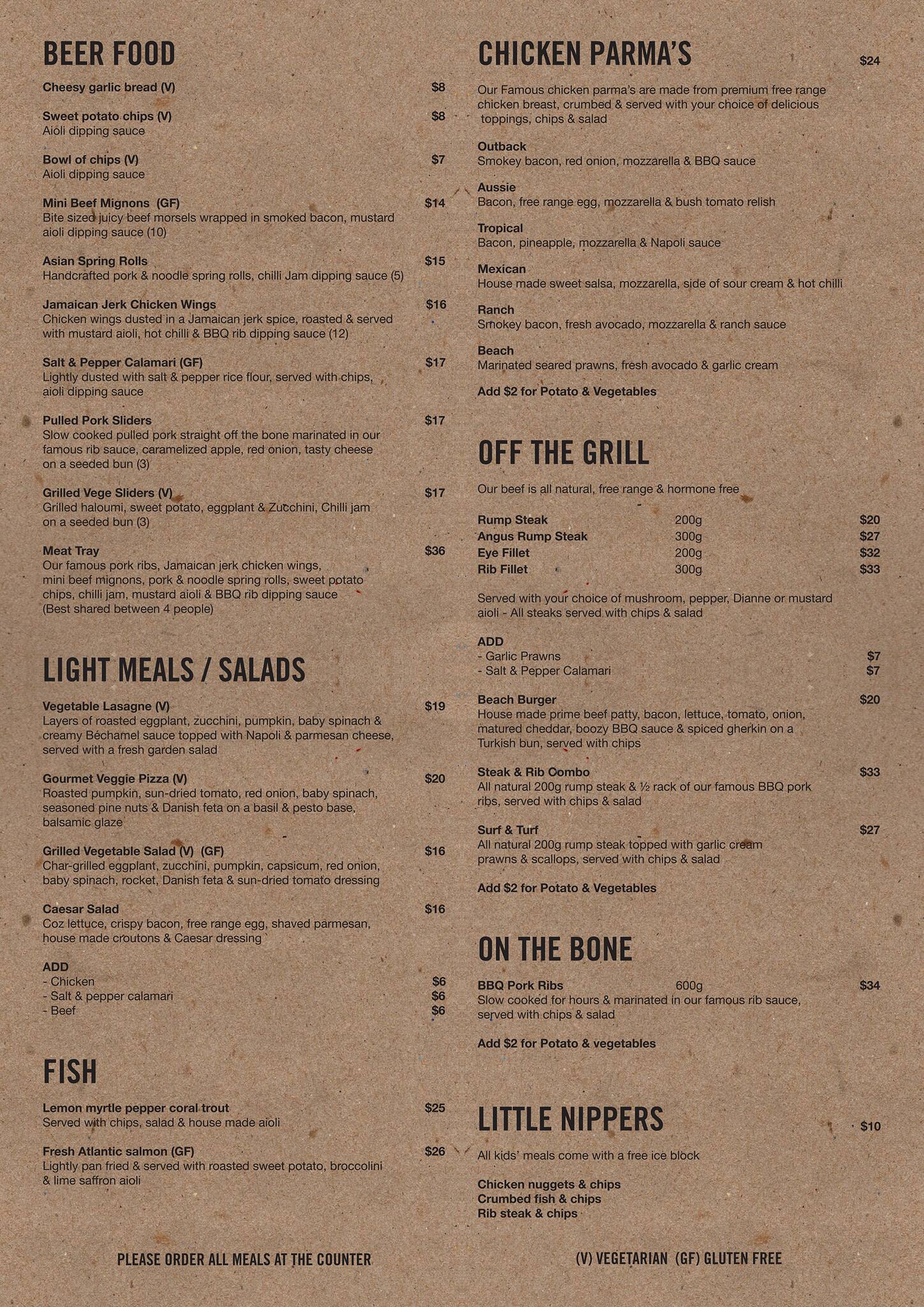 Menu at The Beach Bar & Grill, Mooloolaba, Landmark Resort