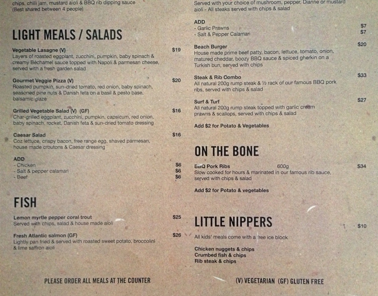 Menu at The Beach Bar & Grill, Mooloolaba, Landmark Resort