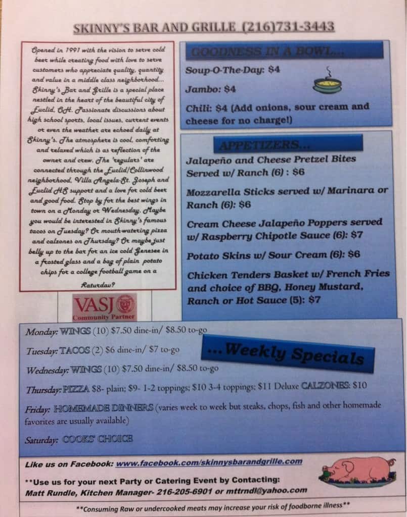 Menu at Skinny's Bar and Grill, Euclid