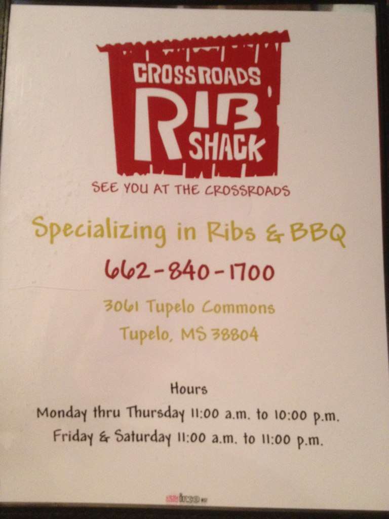 Crossroads Rib Shack Menu, Menu for Crossroads Rib Shack, Tupelo
