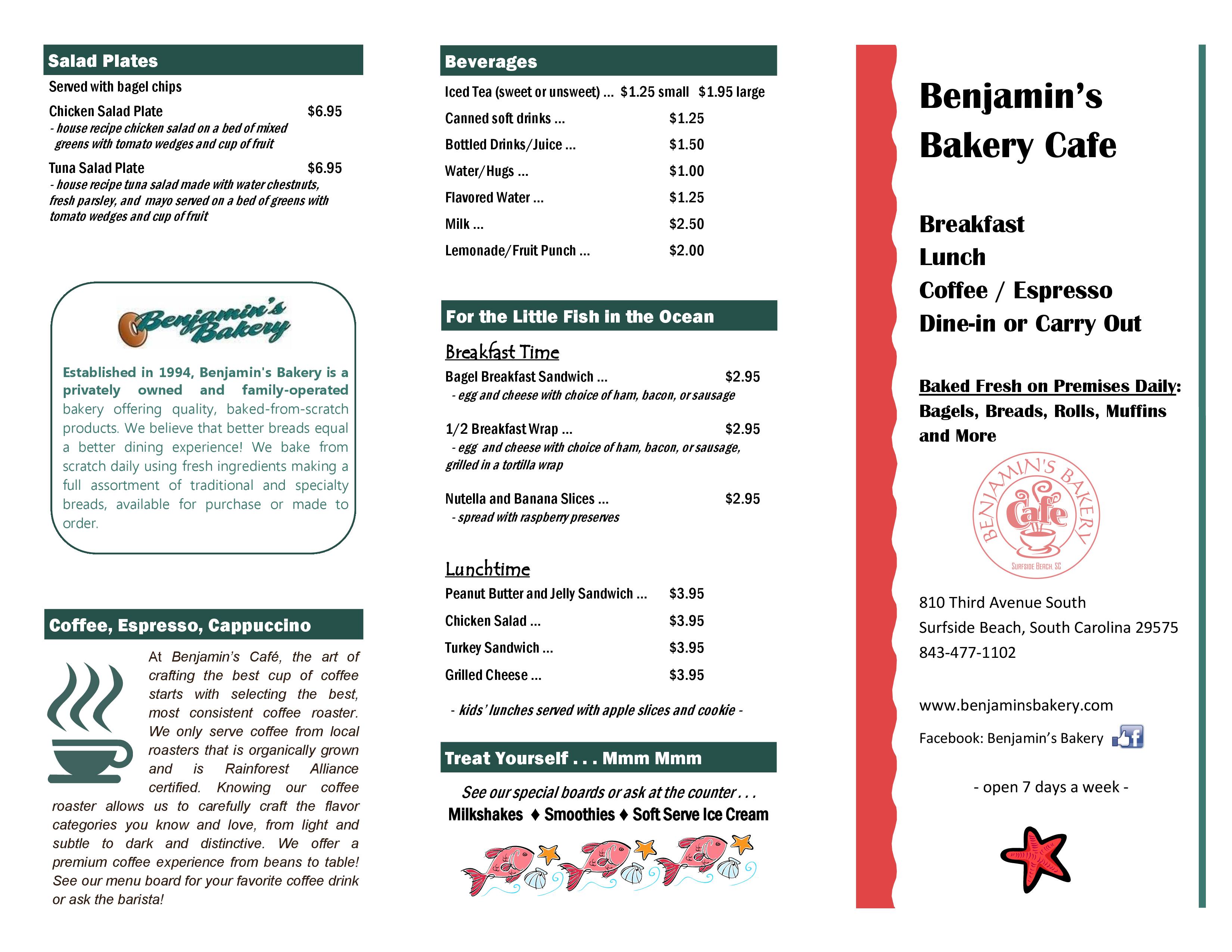 Menu at Benjamin's Bakery, Surfside Beach, 810 3rd Ave S