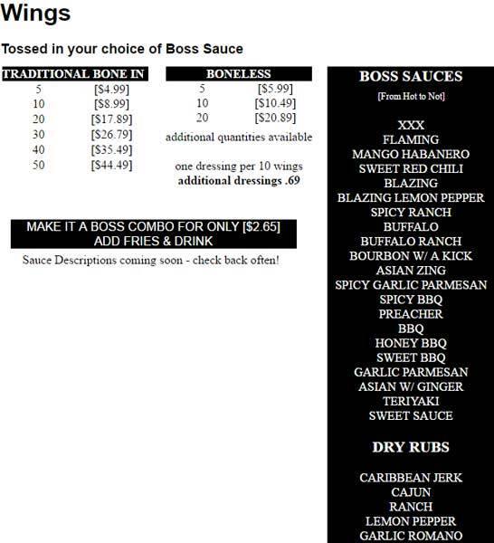 Wing Boss Menu, Menu for Wing Boss, Roanoke, Roanoke Urbanspoon/Zomato