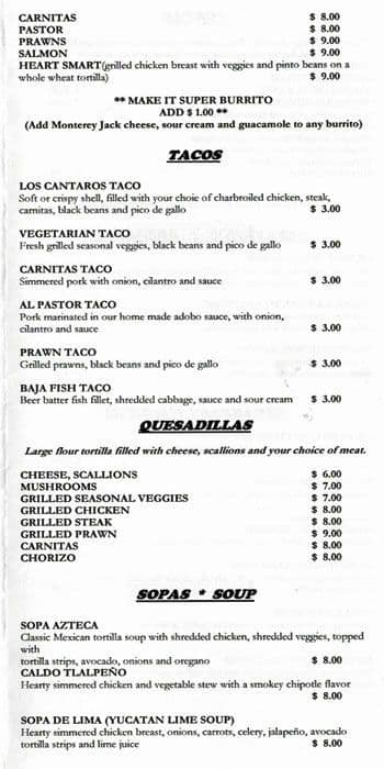 Menu at Los Cantaros Taqueria restaurant, American Canyon