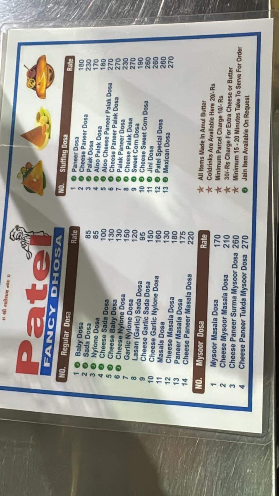 Menu of Patel Fancy Dosa, Adajan Gam, Surat