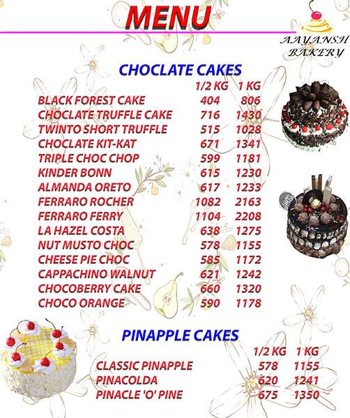 Menu of Aayansh Bakery, Vasant Kunj, New Delhi