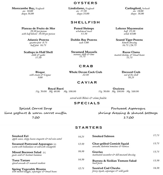 Menu at J Sheekey restaurant, London