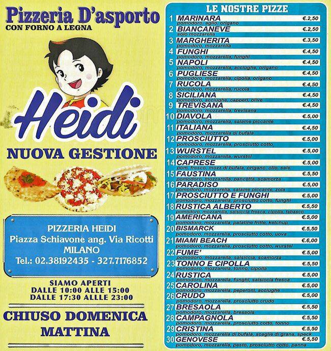 Menu di Pizzeria Heidi Milano 