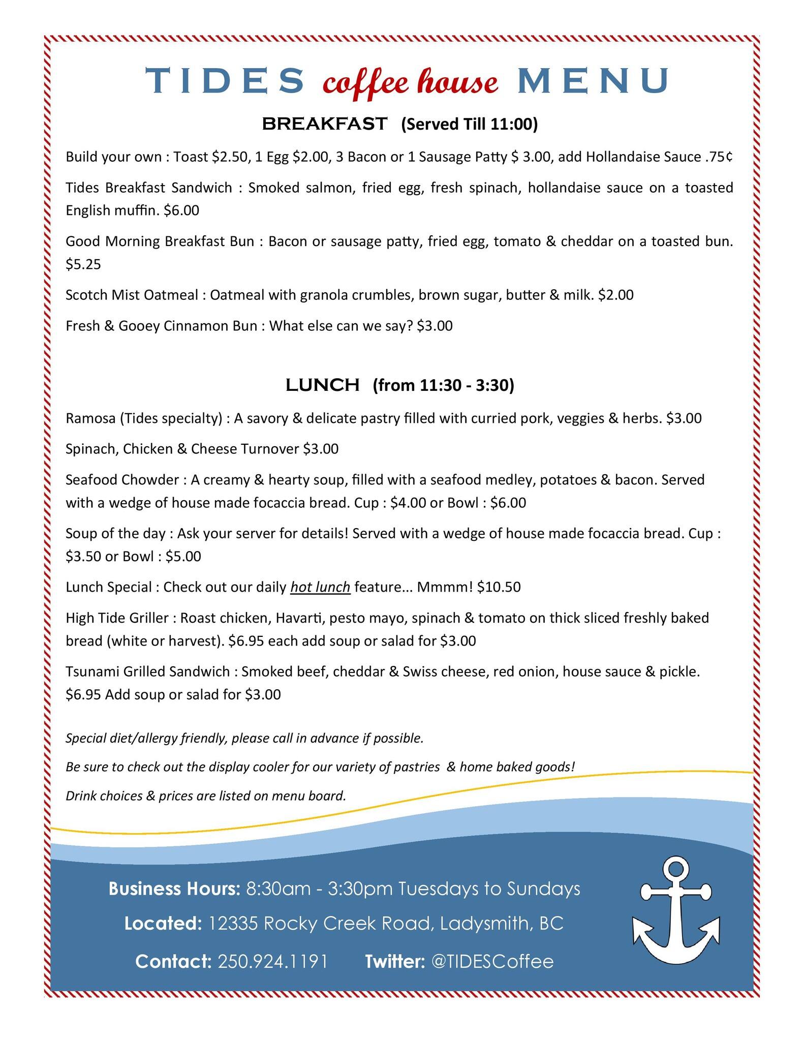 Tides Coffee House Menu, Menu for Tides Coffee House, Ladysmith