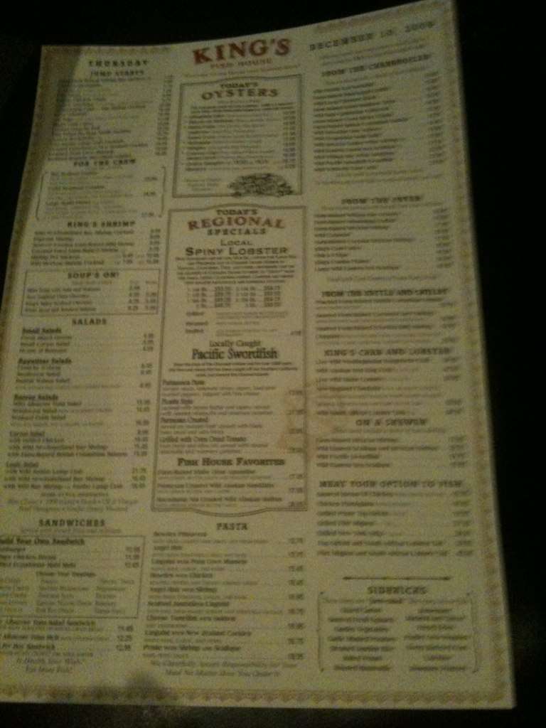 Menu at King's Fish House restaurant, Laguna Hills