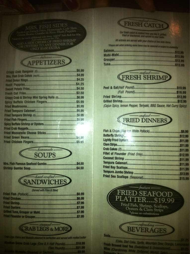Menu at Mrs Fish Seafood Grill restaurant, Myrtle Beach