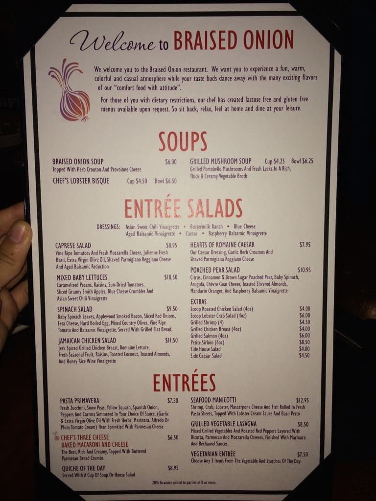 Menu at braised onion restaurant ocala