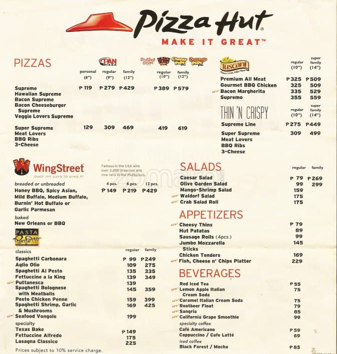 Carta Del Restaurante Pizza Hut Pasig H3GM HXG