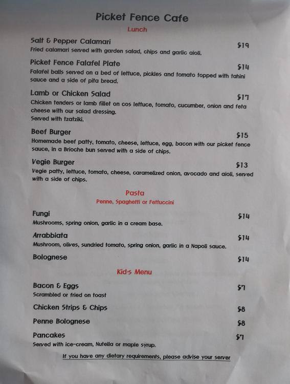 Carta del café Picket Fence, Ivanhoe East