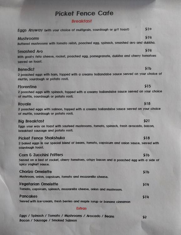 Carta del café Picket Fence, Ivanhoe East