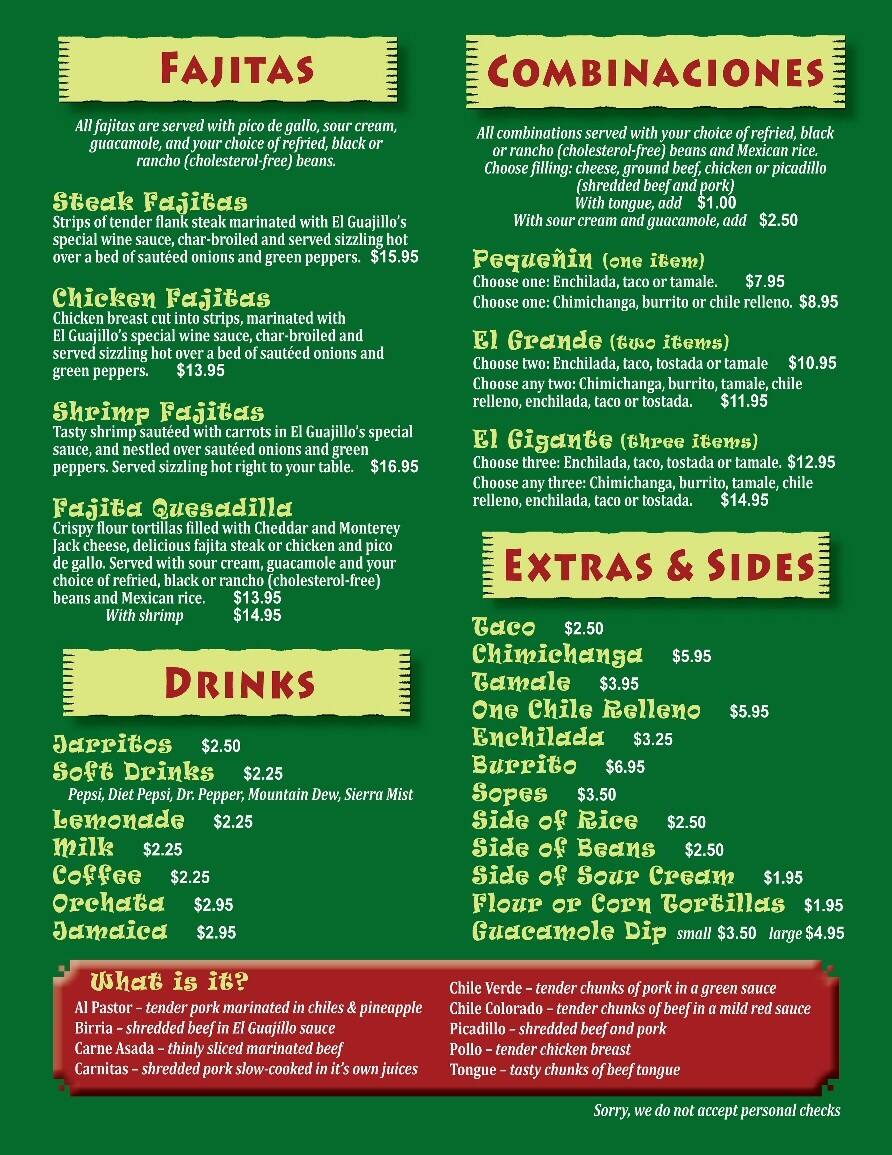 Menu at El Guajillo Mexican Restaurant, Tigard