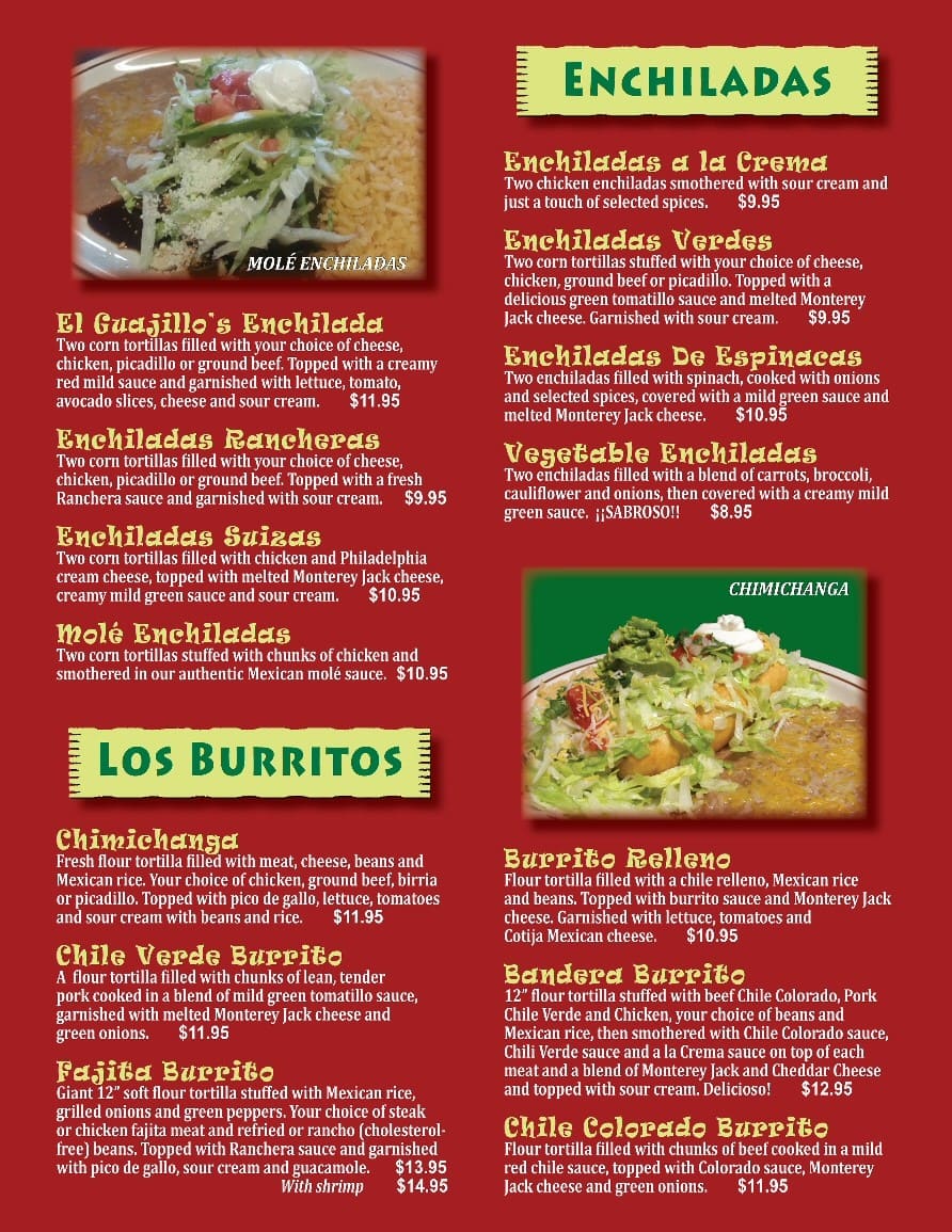 Menu at El Guajillo | Mexican Restaurant, Tigard