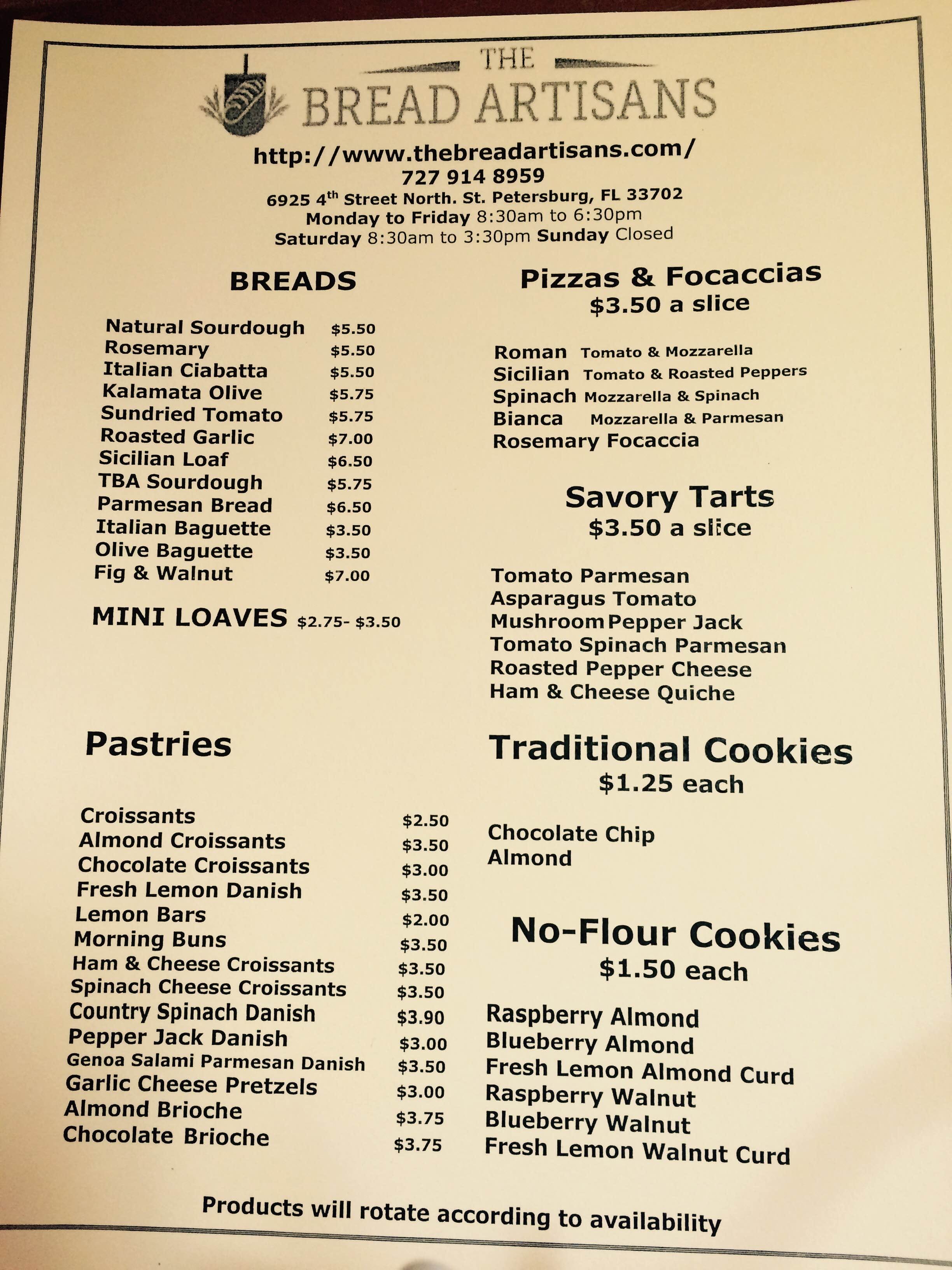Menu at The Bread Artisans Bakery, Saint Petersburg, 4th St N