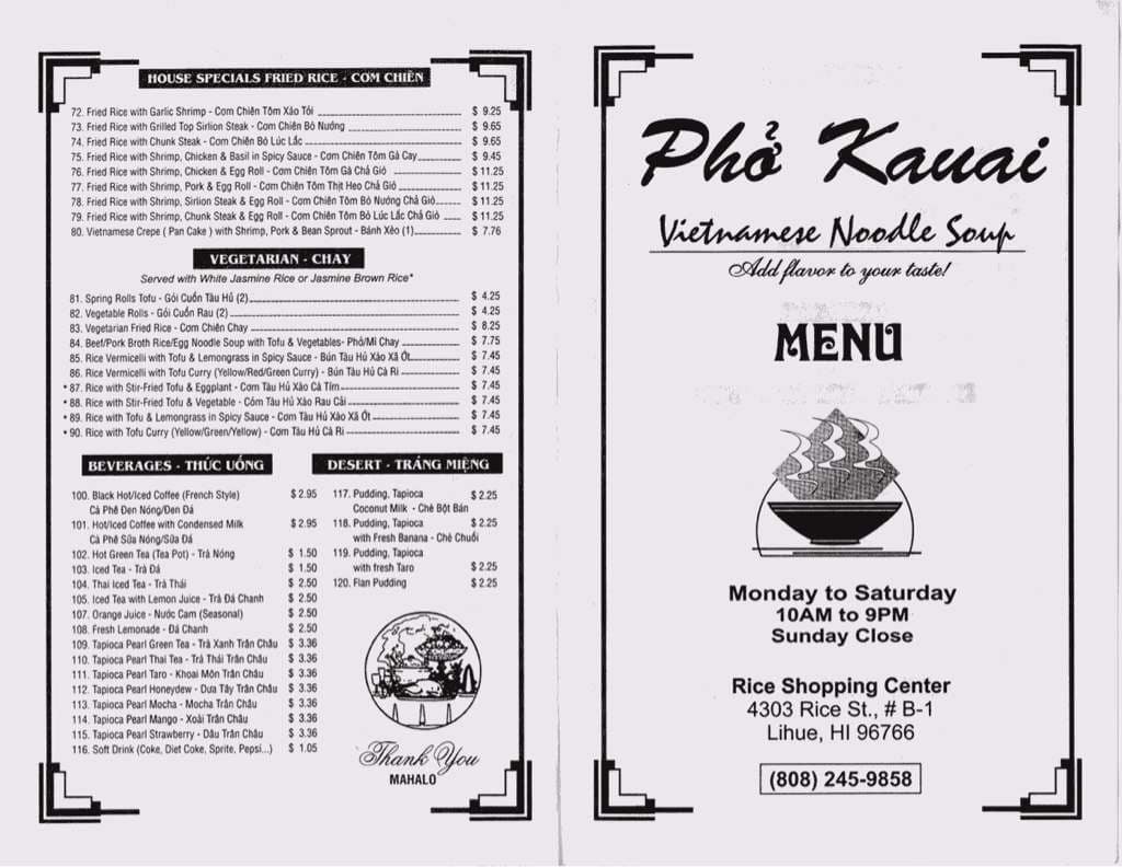Menu at Pho Kauai restaurant, Lihue