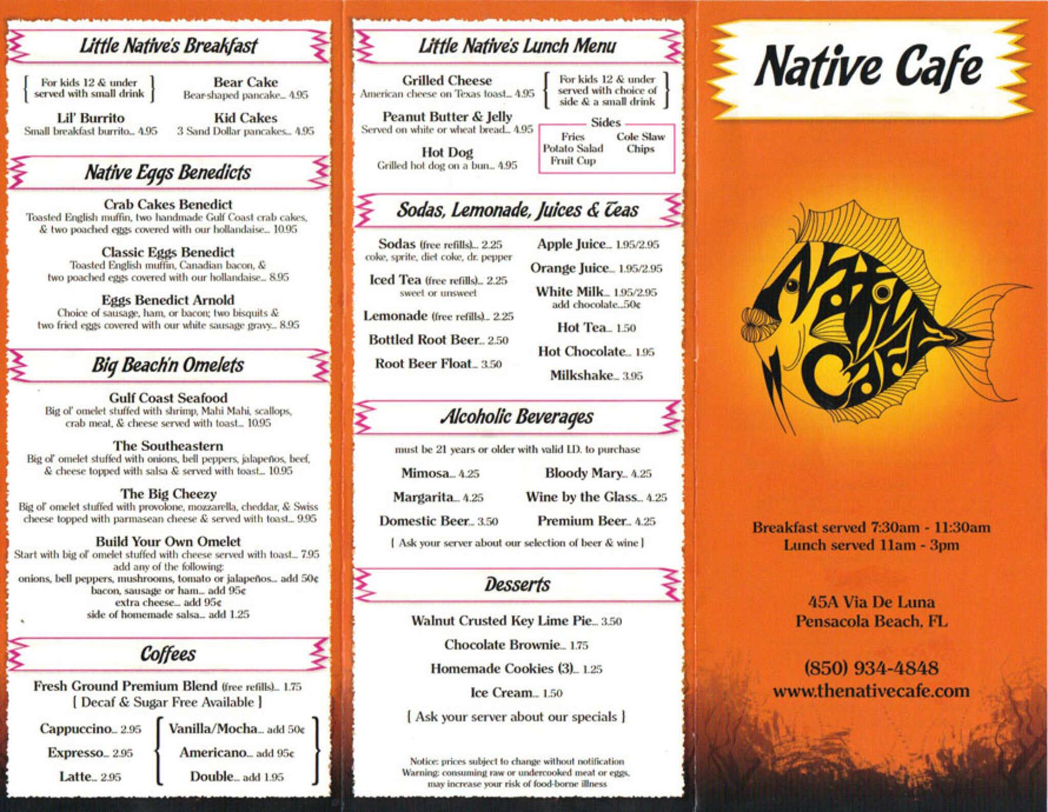 Menu at Native Cafe, Pensacola Beach