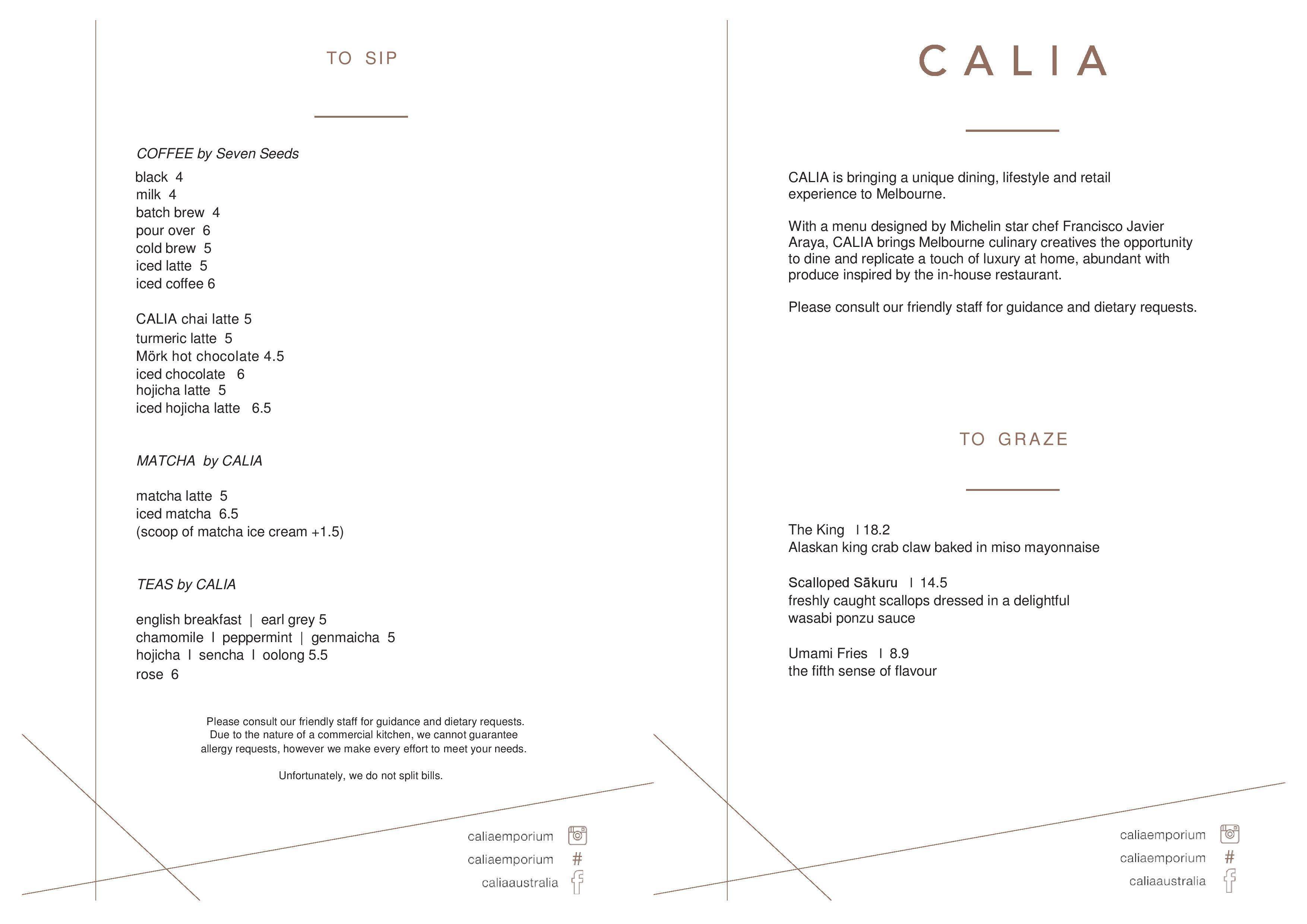 Calia Menu, Menu podniku Calia, Lonsdale Street, CBD, Melbourne
