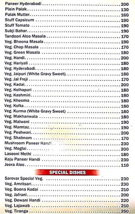 Hotel Sarovar KALWA menu