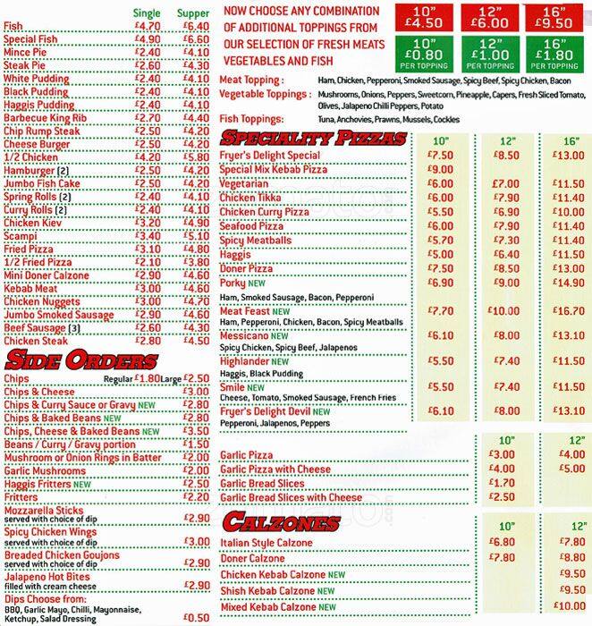 Menu at Fryer's Delight Takeaway restaurant, Edinburgh