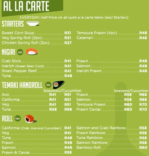 Bamboo Sushi Lounge Menu, Menu for Bamboo Sushi Lounge, Umhlanga