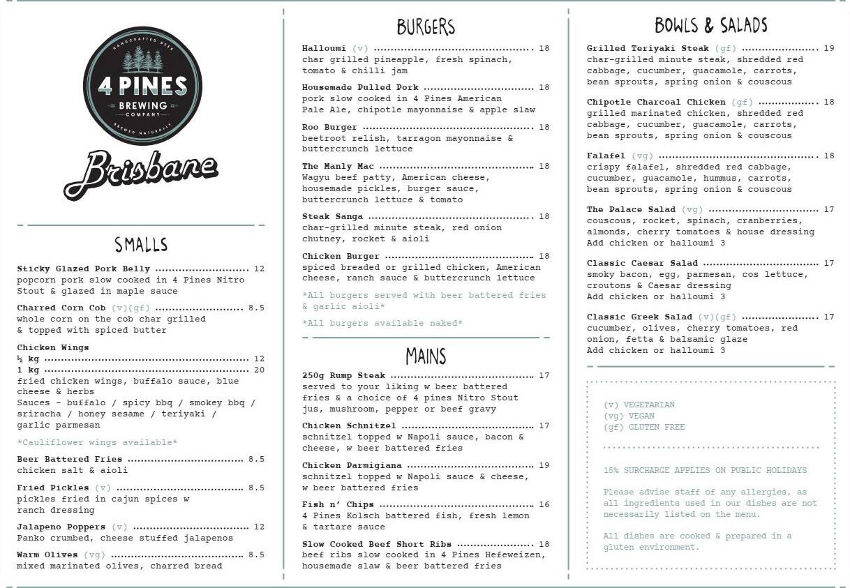 Menu at 4 Pines Brisbane pub & bar, Brisbane City