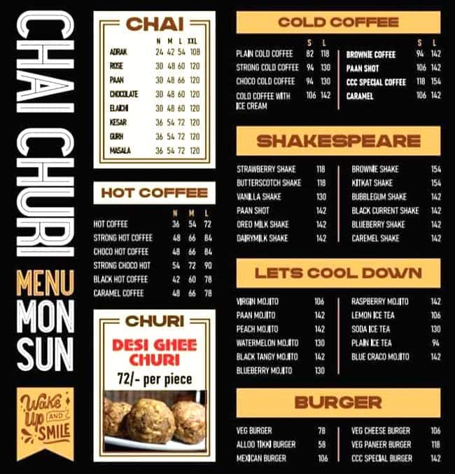 Menu of Chai Churi Cafe, Phase 3, Mohali
