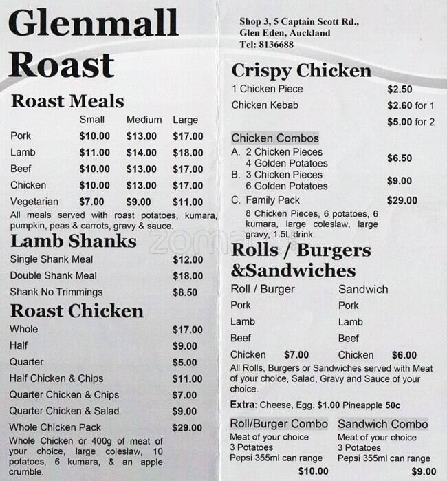 Glenmall Roast Menu, Menu for Glenmall Roast, Glen Eden, Auckland