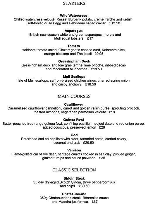 The Rhubarb Restaurant Menu, Menu untuk The Rhubarb Restaurant