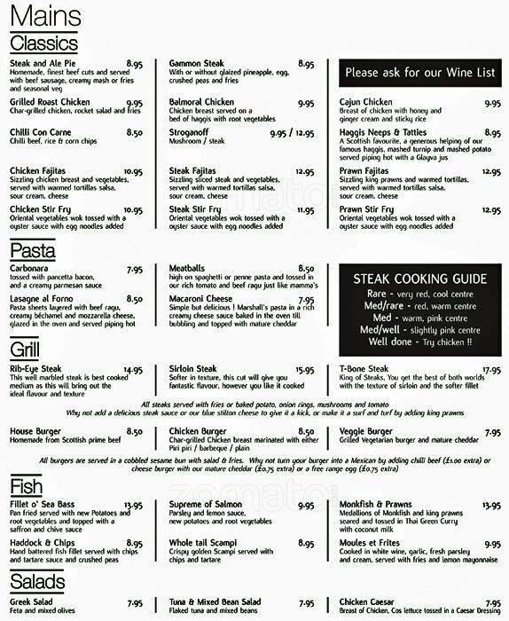 Menu at Bar Square, Glasgow