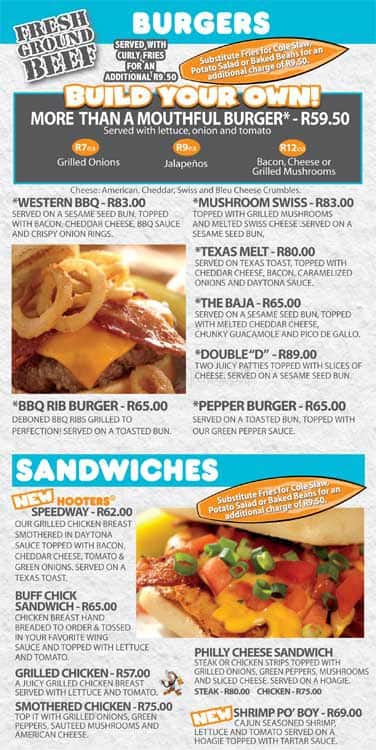 Menu at Hooters restaurant, Umhlanga, 2 Lagoon Dr