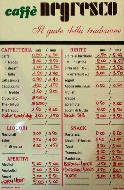 Menu de Cambridge Caffè