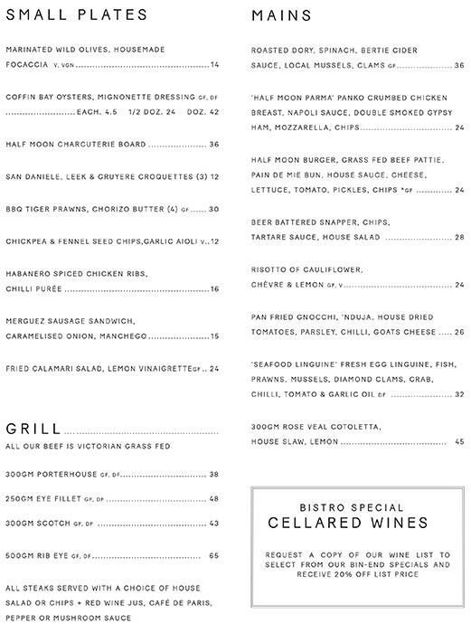 Half Moon Menu Menu For Half Moon Brighton Melbourne