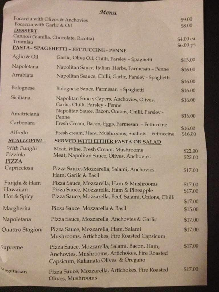 Menu at Casa Italia restaurant, New Farm