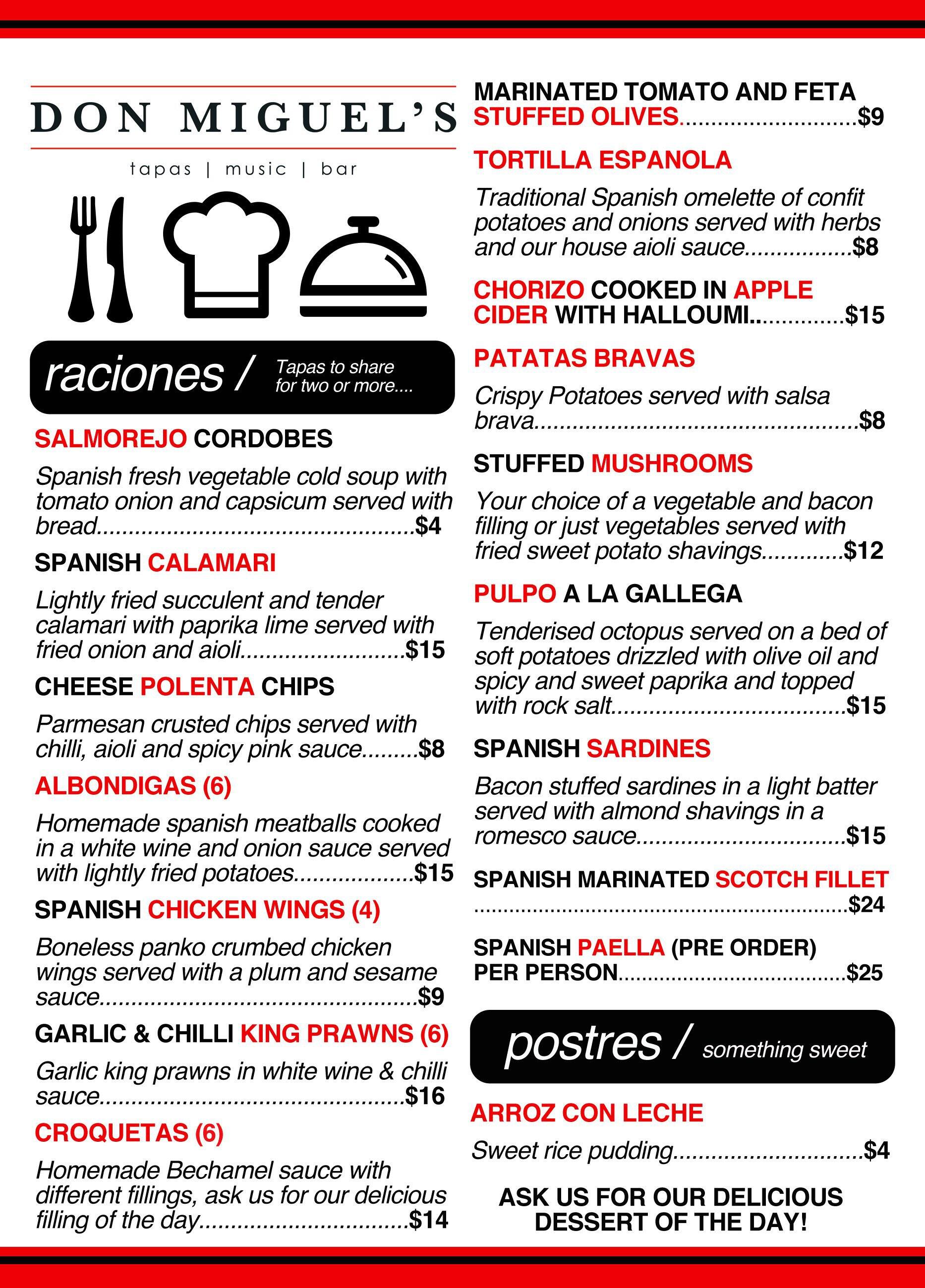 Don Miguel's Menu, Menu for Don Miguel's, Southport, Gold Coast