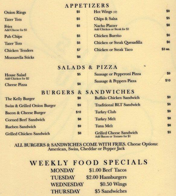 Kelly's Pub Menu, Menu for Kelly's Pub, Lincoln Park, Chicago