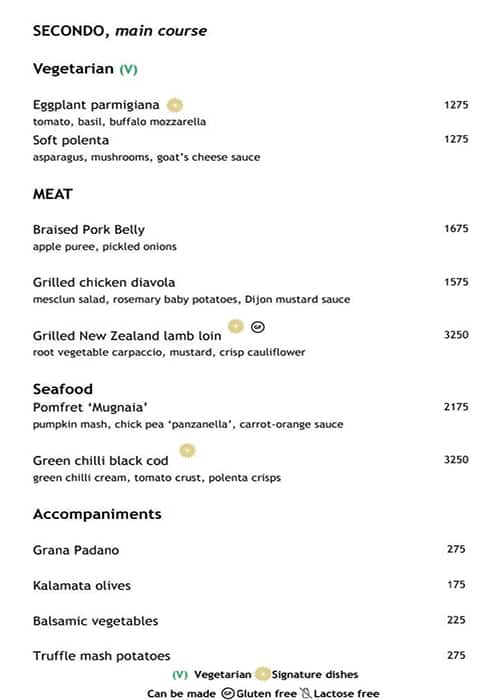 Vetro and Enoteca menu