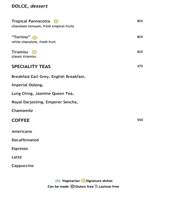 Vetro and Enoteca menu