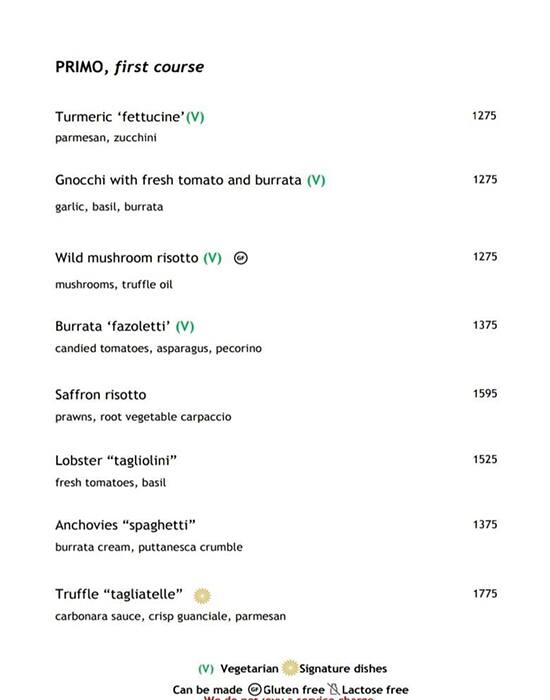 Vetro and Enoteca menu