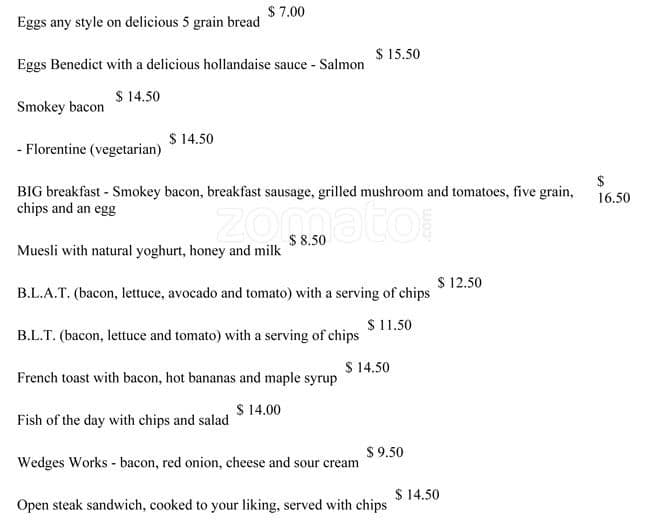 Menu at Rebar, Auckland