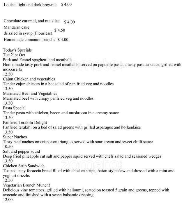 Menu at Rebar, Auckland