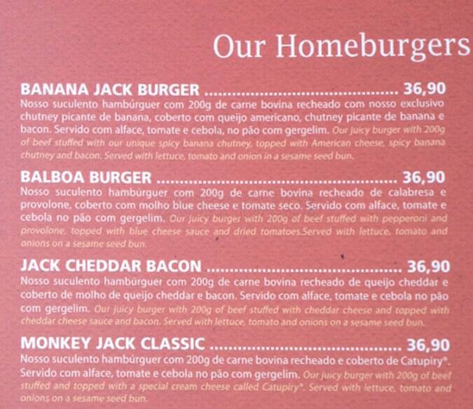 Menu at Banana Jack Ipanema restaurant, Rio de Janeiro, R. Jangadeiros