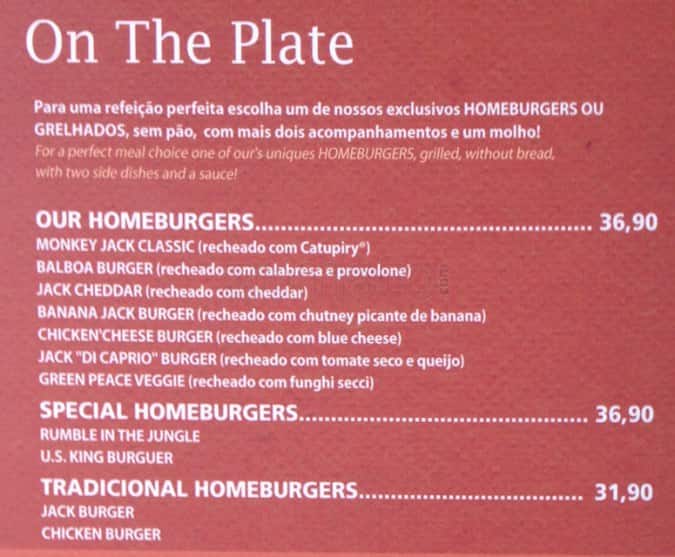 Menu at Banana Jack Ipanema restaurant, Rio de Janeiro, R. Jangadeiros