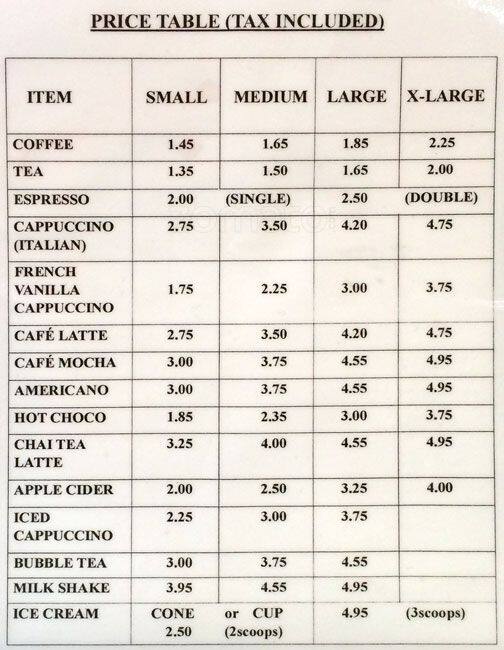 Menu at Perfect Cup cafe, Toronto, Sheridan Mall