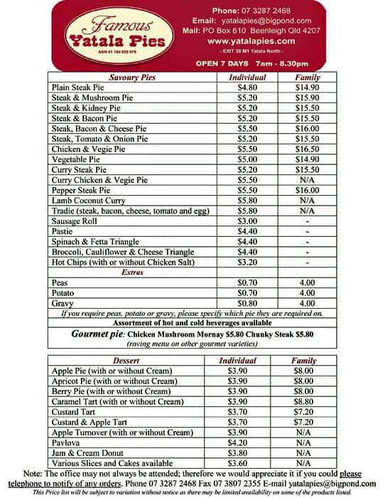 Yatala Pies Menu, Menu for Yatala Pies, Beenleigh, Brisbane